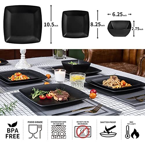 Melamine 12pcs Classic Square Dinnerware Set, Concise Plates and Pure Black - Picture 6 of 7