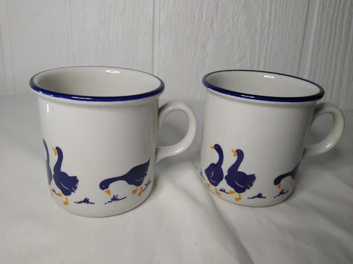 Set of 2 Castellania CIPA Blue Geese Stoneware 8 oz Coffee Mugs Cups Italy Vtg