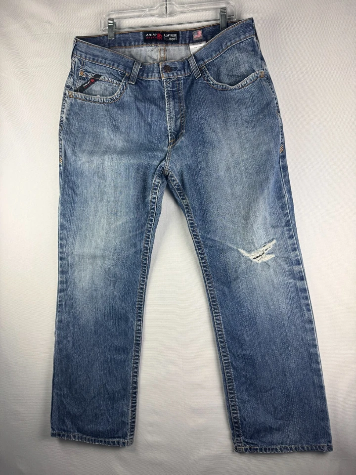 Pantalones de mezclilla Ariat FR tiro bajo M4 para hombre 36X30 azul desteñido clásico Cat2 2112 rectos Foto 3 de 4