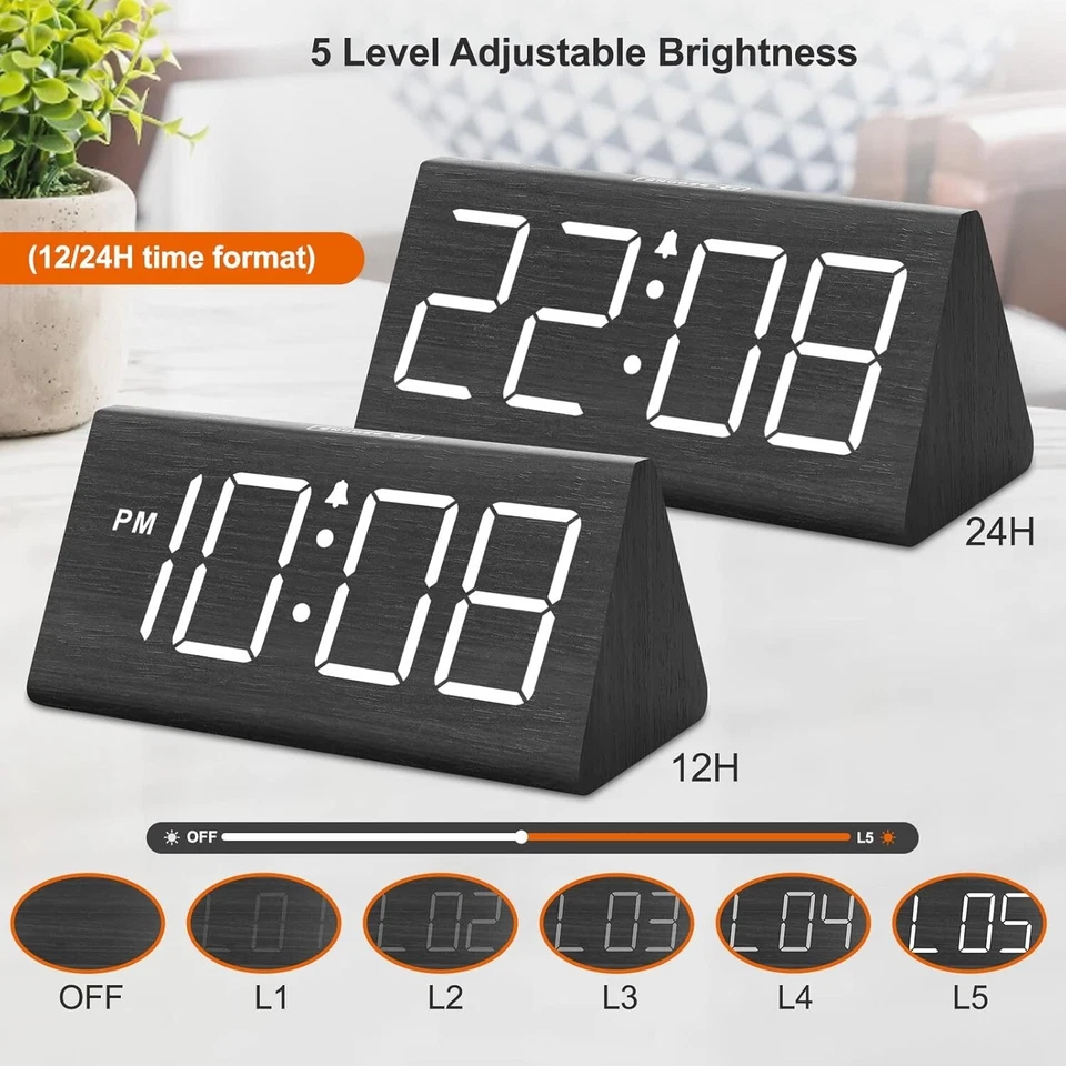 Wooden Digital Alarm Clock with USB, Loud Alarm, Dimmer & Snooze 12/24H Gifts - Image 2 of 4