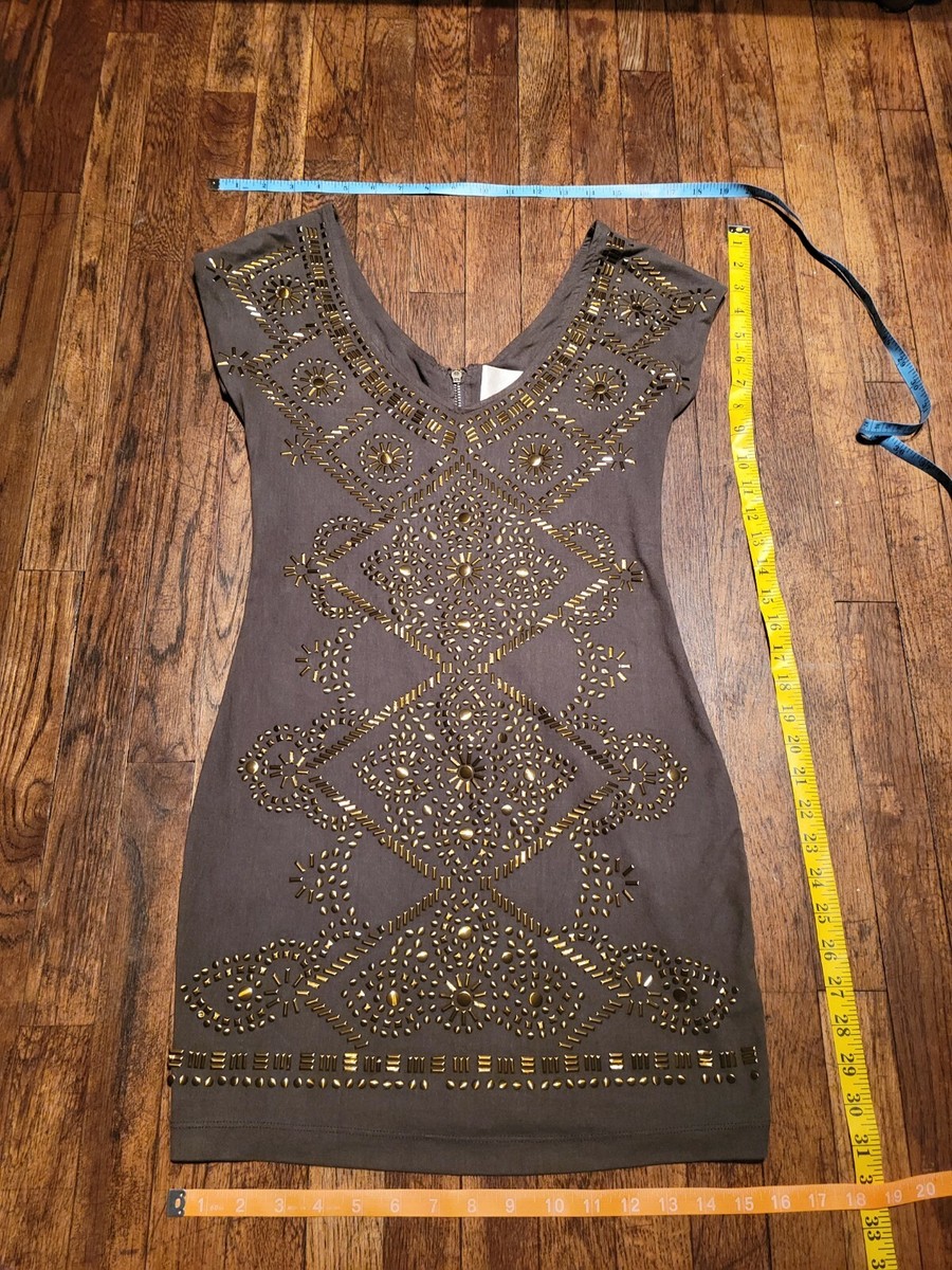 Lush Women's Taupe Mini Dress Sz S Sleeveless V-Neck Gold Studded Lush Women's Taupe Mini Dress Sz S Sleeveless V-Neck Gold Studded