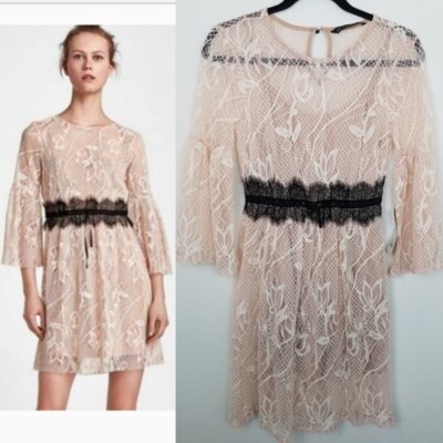 ZARA Women's Lace Dress Pale Pink with Black Belt with Bell Sleeves NWT Size M | eBay ZARA Women's Lace Dress Pale Pink with Black Belt with Bell Sleeves NWT Size M | eBay