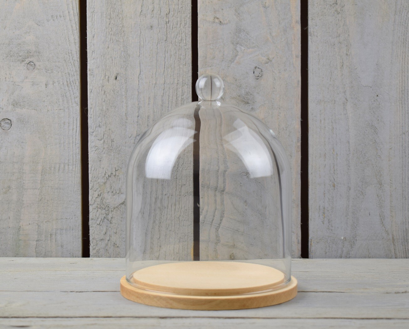 EMH Handmade Circular Glass Display Cloche Dome Bell With Knob and Natural Wo...