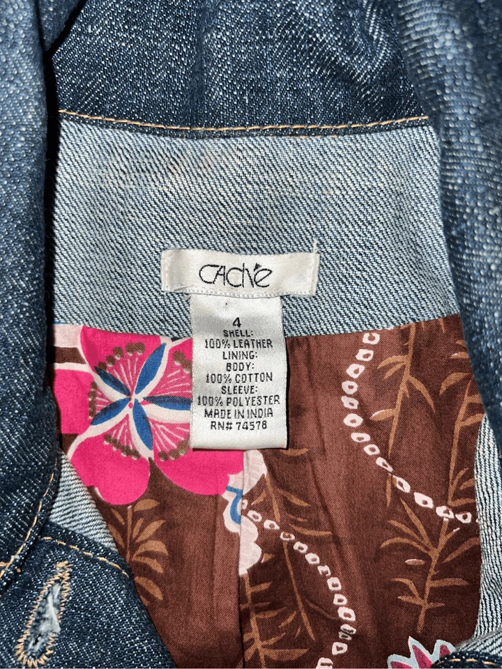 Cache Brown Leather & Dark Denim Blazer Jacket Retro Style Button Up Lined | Siz - Image 3 of 4