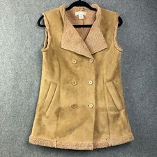Xcepsion Sherpa Vest Womens Size Small Brown Double Breast Mid Length Pockets
