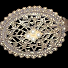 Vintage Antique Filigree Open Work Faux Pearl Scarf Clip Unsigned