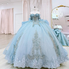 Sky Bule Quinceanera Dresses with Bow Lace Appliques Party Sweet 16 Ball Gowns