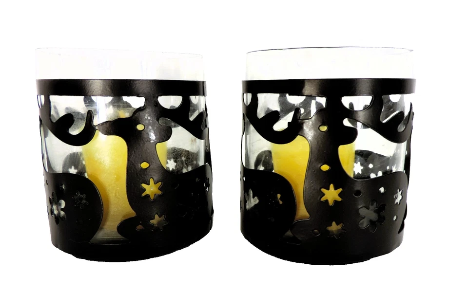 SAN MIGUEL Set of Two Reindeer Votives Rustic Metal with Glass Insert VINTAGE - Image 4 of 4