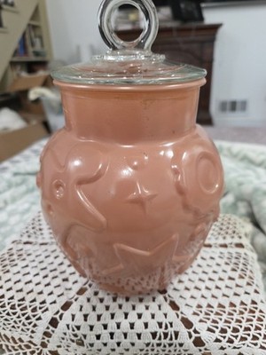 1960s Vintage Gingerbread & Star Glass mocha pink, Cookie Jar w/ Clear Lid