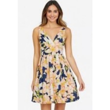 J.Crew Factory Size 2 Fit & Flare Pleated V Neck Mini Floral Dress Yellow Navy