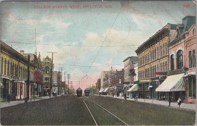 College Avenue West Appleton Wisconsin WI 1910 Trolleys Storefront Postcard