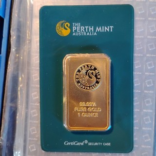 Barra de oro Perth Mint de 1 oz en tarjeta de ensayo sellada nueva