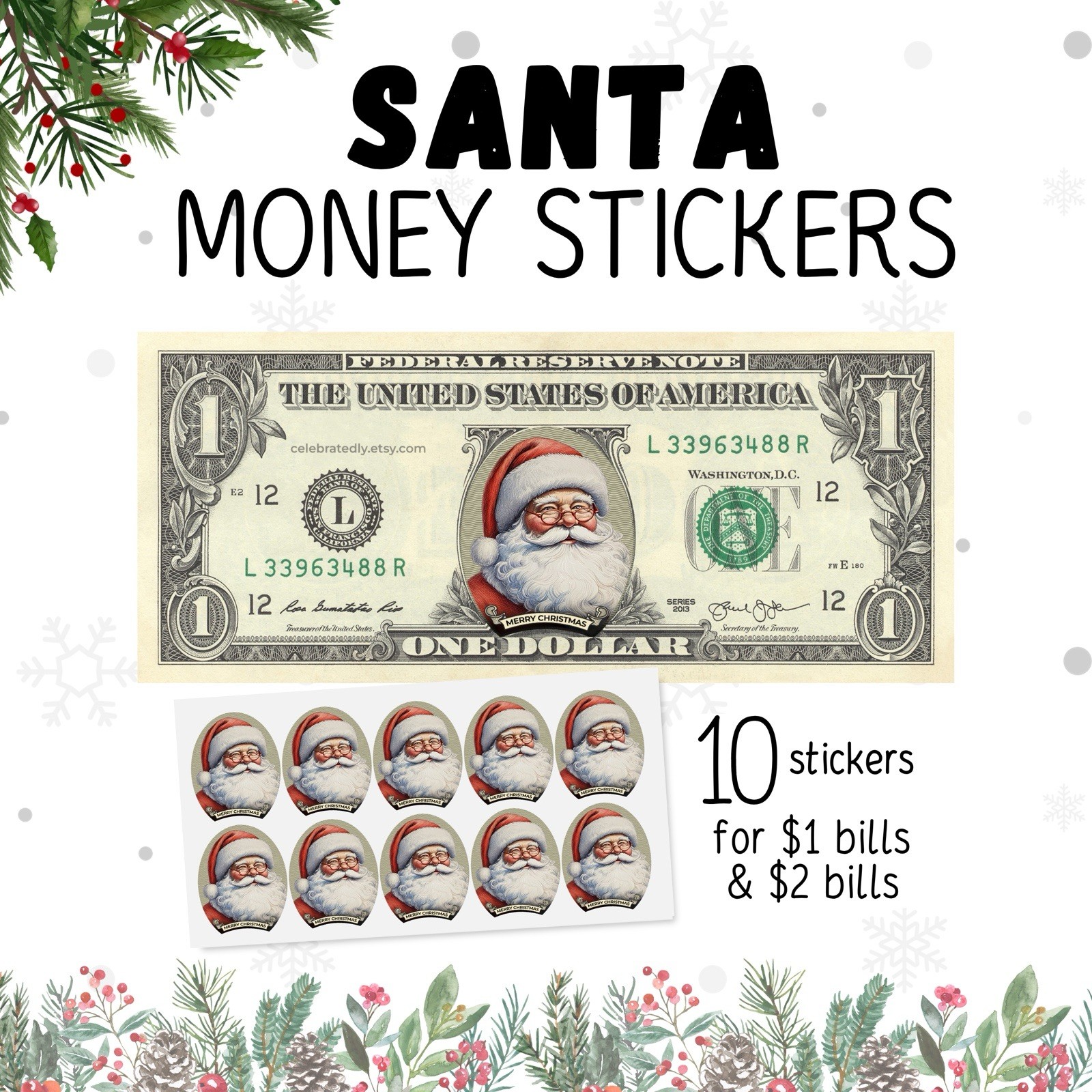 Usd Sticker Lot of 10 Santa Claus US Dollar Bill Stickers Color Prints $1 $2 ...