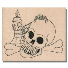 Rubber Stamp, Scary Halloween Skull Spooky Skeleton Head Bones Candle Spider Web