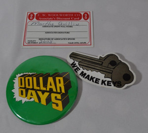 Vintage Woolworth Store Pins & RARE Associate Discount Card 1990 Robert G Lynn