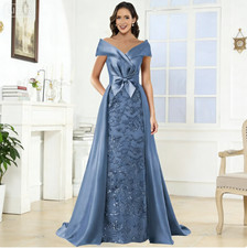 Off The Shoulder Mother of The Bride Dress Long Satin Guest Dress with Train Bow