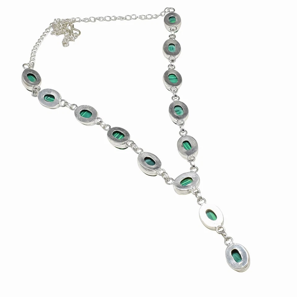 925 Sterling Silver Green Malachite Gemstone Handmade Jewelry Necklace Size-18" - Image 4 of 4