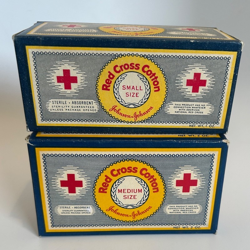 2- VTG Red Cross Cotton Boxes with Cotton Small & Medium Johnson & Johnson