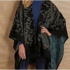 SOFT SURROUNDINGS BLACK TEAL PAISLEY PRINT SHAWL SHRUG FRINGE CARDIGAN PONCHO