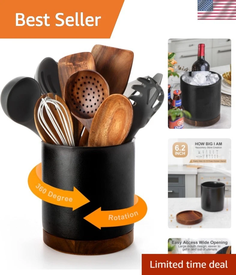 360°Rotating Utensil Holder, 7.2" Large Utensil Crock, White Ceramic Cooking ...