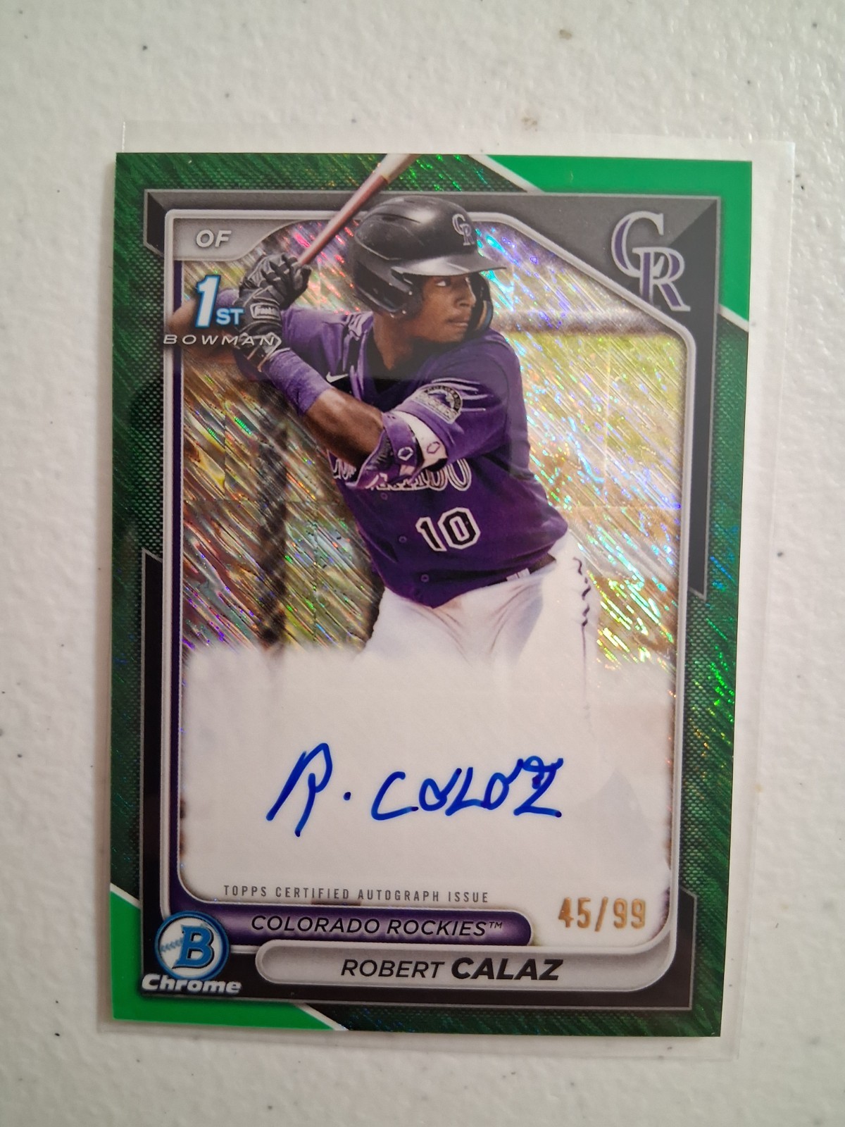 Robert Calaz 2024 Bowman Chrome 1st GREEN Shimmer REFRACTOR RC AUTO #d /99