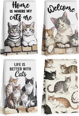 4 Pcs Cute Cat Kitchen Towels 24x14 Inch, Cats Gifts Absorbent Hand Tea Towel,