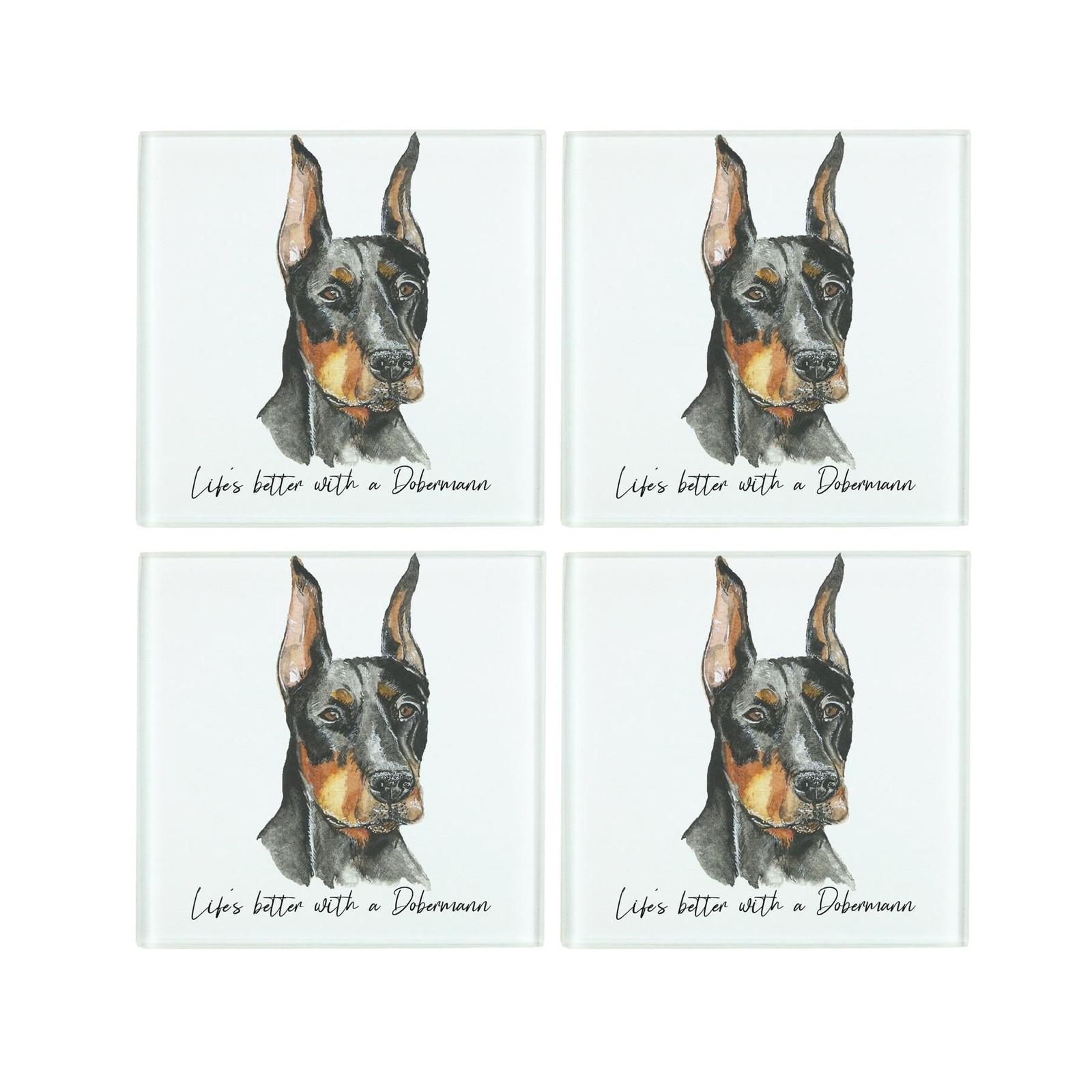 Dobermann Coaster Set - Life's Better With a Dog Glass Square Coasters Gift