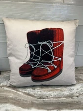 Coast & Valley Pillow Red Boots Mukluks Winter Cabin Velvet 15" Square