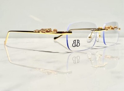 Gold Diamond Cut Clear Lens Rimless Jaguar Panther Buffalo Horn Woods