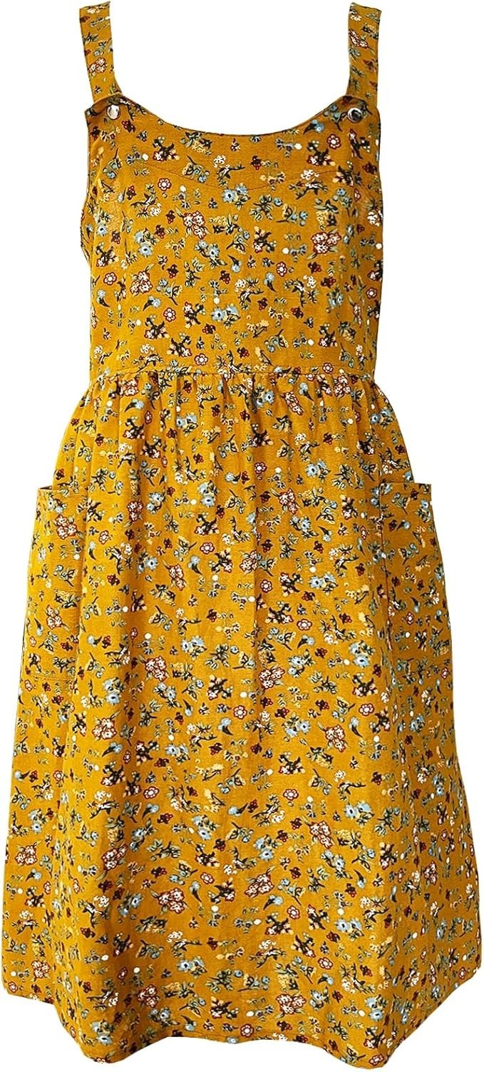 Vestido Delantal Floral Ajustable a Presión Delantal Algodón Lino Espalda Cruzada con Bolsillo...
