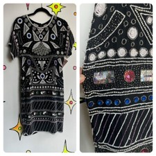 Vintage 80s 90s Black Silver Fully Beaded Sequin Party Dress M