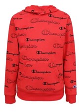 Champion Boys All Over Logo Script Pullover Hoodie Size 6 Scarlet Red