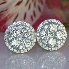 Real Moissanite 3Ct Round Cut Cluster Shape Stud Earrings 14K White Gold Plated