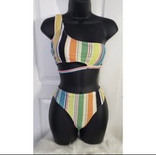 Stripe One Shoulder Bikini Set