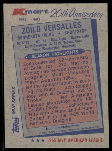 1982 Topps Kmart MVP Series - #7 Zoilo Versalles - Picture 2 of 2