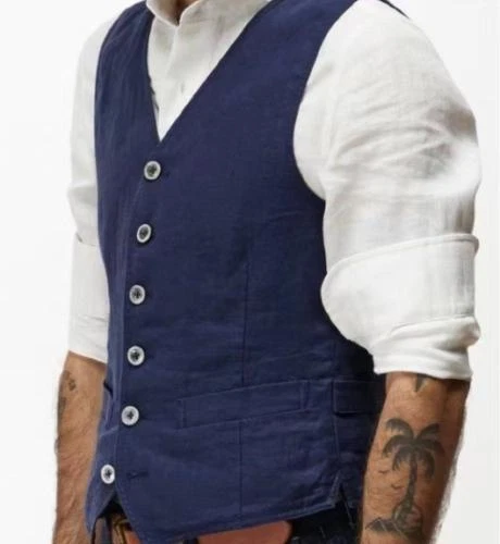 Chaleco de lino informal retro de talla grande para hombre chaleco ajustado formal de negocios abrigos finos Foto 2 de 4