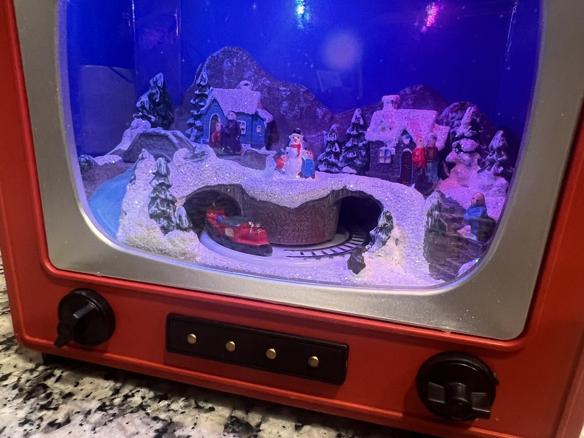 Red Retro Vintage TV Music Box with Animated Christmas Train