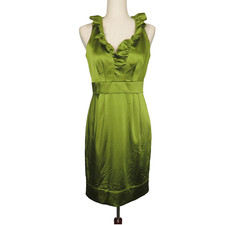 Taylor Olive Satin Ruffled Neck Sleeveless Dress Size 4