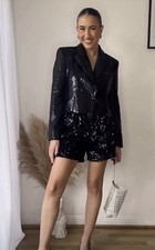 ZARA BERMUDA DONNA NUOVO CON ETICHETTE NERO PAILLETTES VITA ALTA TAGLIA M 4387/292