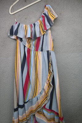 entro one shoulder dress Entro Blue Green Stripe Pattern Bow Accented One Shoulder Maxi Dress