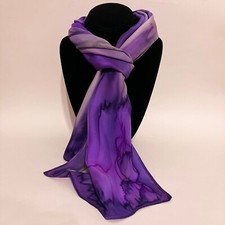 Hand Painted Silk Scarf Eggplant Orchid Purple Silver Unique Rectangle Women New
