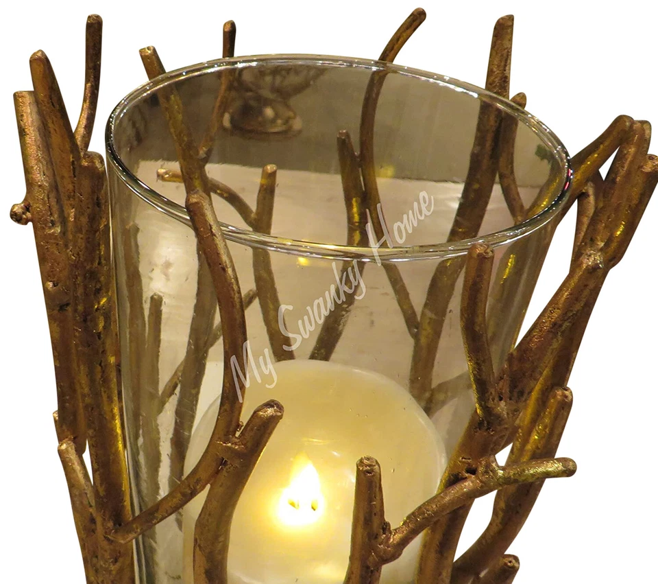 Elegant Gold Twig Branch Pillar Candle Holder 8 in Tall Faux Bois Hurricane - Image 2 of 4