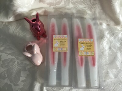 Yankee Candle ''Pink Bunny'' Taper Candle Hldrs & 4 Bunny Ears Taper Candles USA