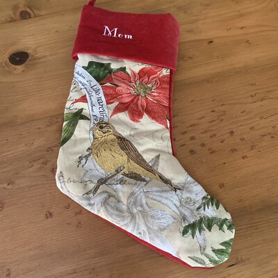 Pottery Barn Christmas Stocking Floral/Bird & Velvet Back/Cuff Monogramed MOM
