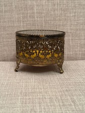 Antique Vintage Filigree Brass and Glass Top Footed Trinket Jewelry Box. 4"