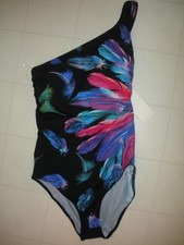GOTTEX Black Multicolor Feathers Reverie 1 Pc One Shoulder Swimsuit Sz 10 NWT