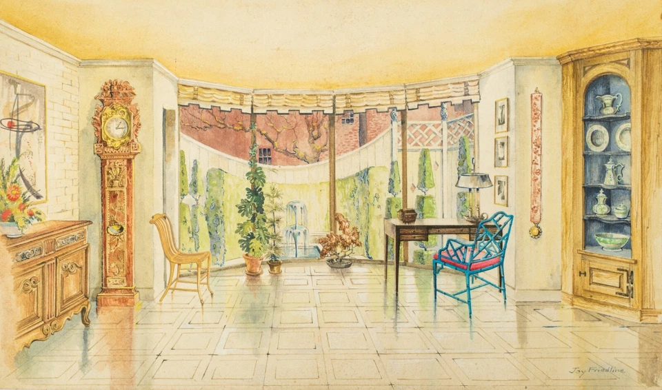 Ilustración de acuarela original diseño interior casa adosada mediados de siglo, firmada Foto 2 de 4