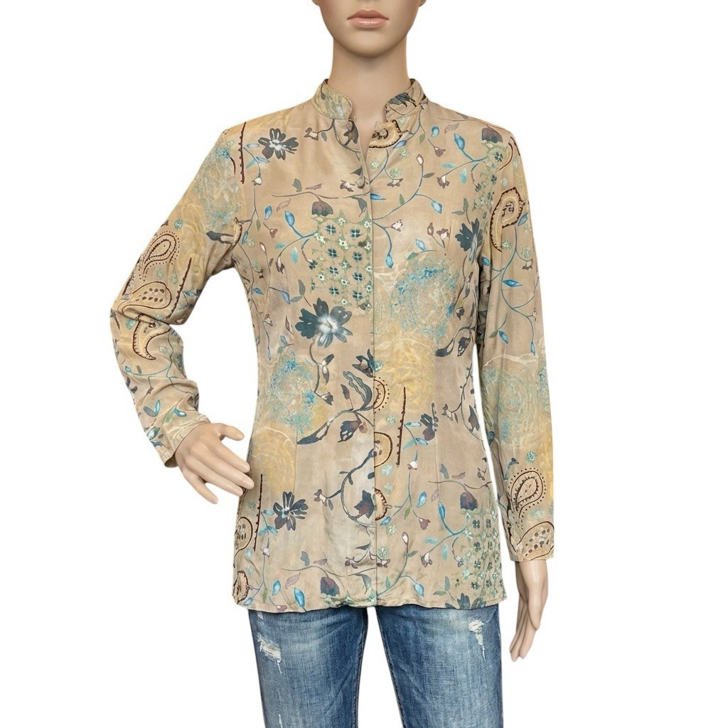 Womens Vintage Long Beige Patterned Shirt 90s Retro Boho Indie 14