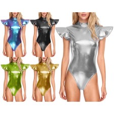 Women's Body Glitter Bodysuit Spandex Astronaut Costume High Collar Sport Body