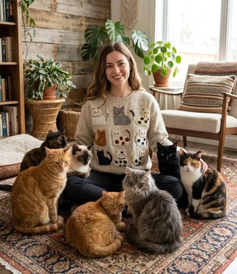 Gorgeous cat  jumper in polyester multi -coloured perfect gift Printed on  light
